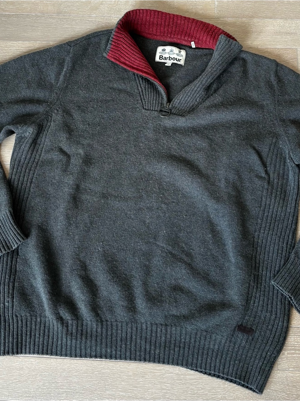Barbour Charcoal V-Neck Shawl Collar Sweater with Red Trim